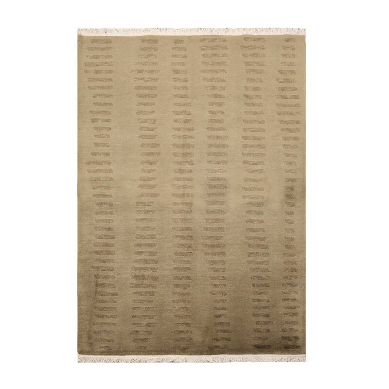 Hand Knotted Tibetan Olive Green Wool Modern Oriental Area Rug - 4' x 5' 11''