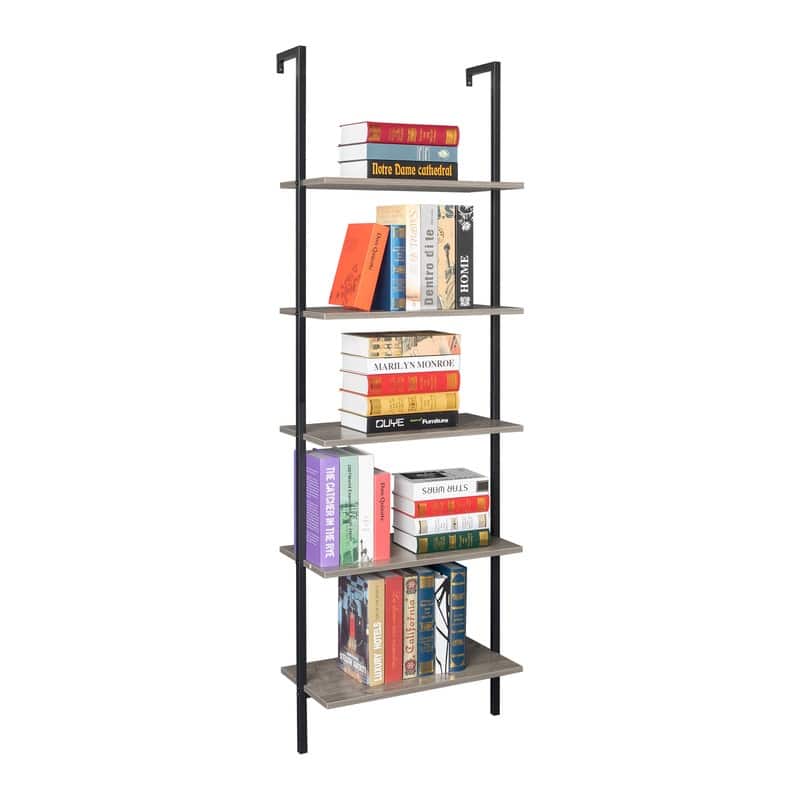 5-Tier Industrial Wood Ladder Bookcase with Metal Frame - Black/Grey