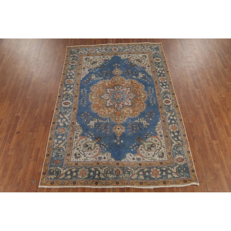 Blue Tabriz Persian Vintage Rug Hand-Knotted Oriental Wool Carpet - 6'5"x 9'5"