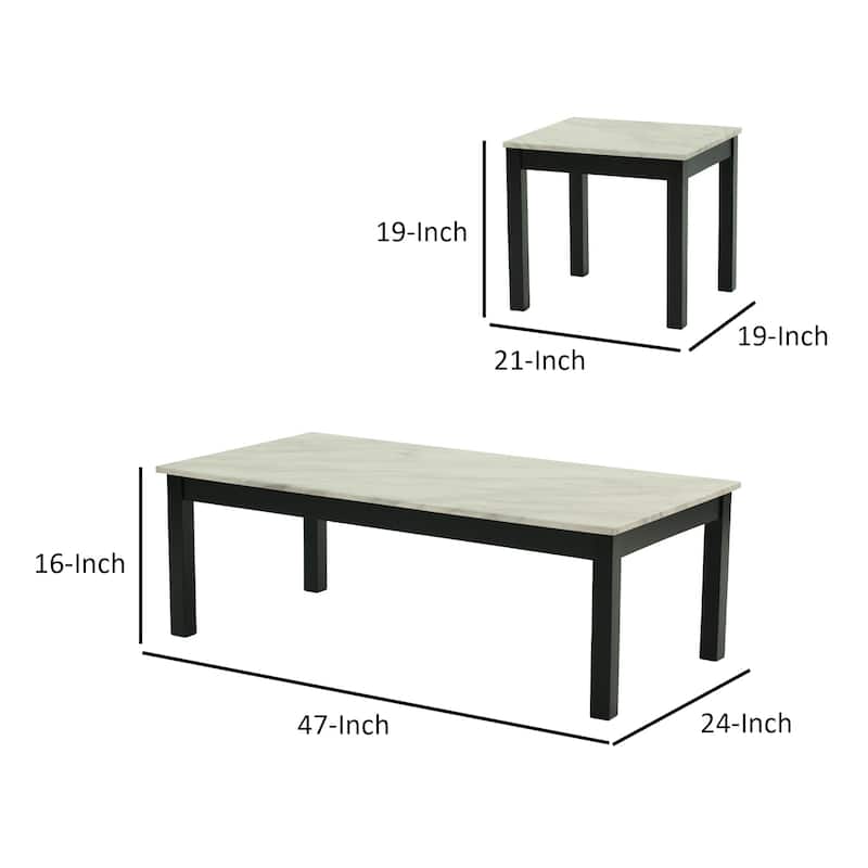 3 Piece Coffee Table and End Table with Faux Marble Top, Black and White