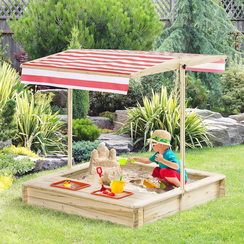 Kids Wooden Sandbox,Covered Children Sand Playset ,w/ Adjustable Canopy Shade,Bottom Liner,Seat,Plastic Basin,Aged 3-8 Years Old