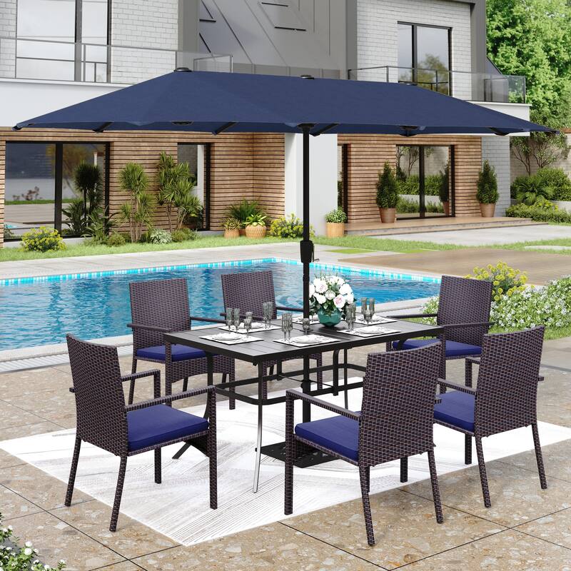 MAISON ARTS 7/8 Pieces Outdoor Patio Dining Set, 6 PE Rattan Chairs with Cushions and 1 Rectangle Metal Table