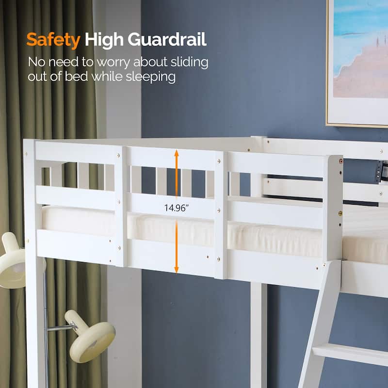 Solid Wood Loft Bed Twin Size with USB Charging Station/LED White