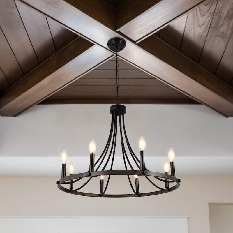 8-Light 25.59 in. Rustic Wagon Wheel Chandelier for Kitchen Living Room