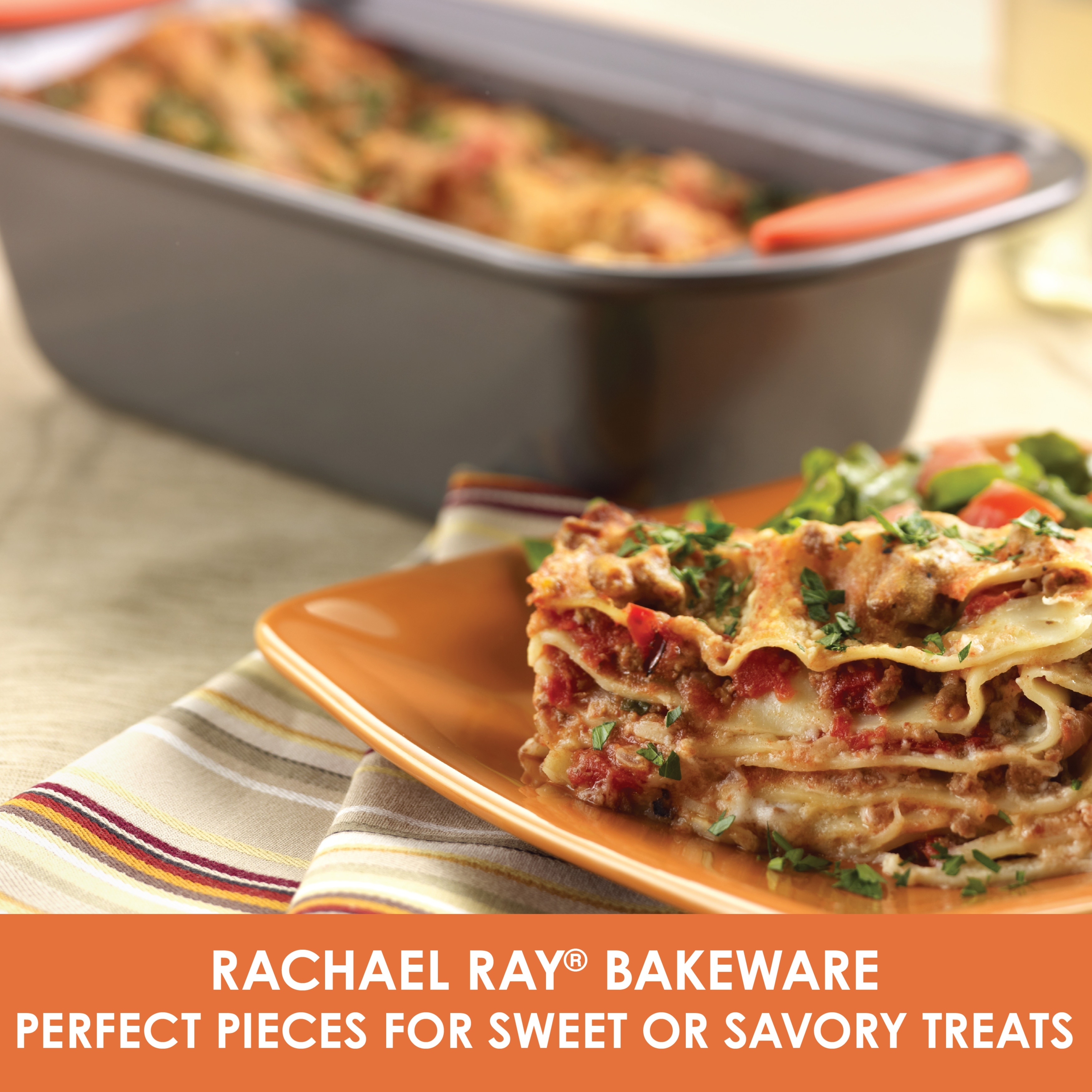 Rachael Ray Bakeware Oven Lovin' Nonstick Cookie Sheet, Loaf Pan, and Utensil Set, 4-Piece, Orange Handles