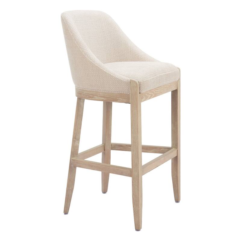 HomeRoots 31" Beige and Natural Fabric and Solid Wood Bar Height Bar Chair