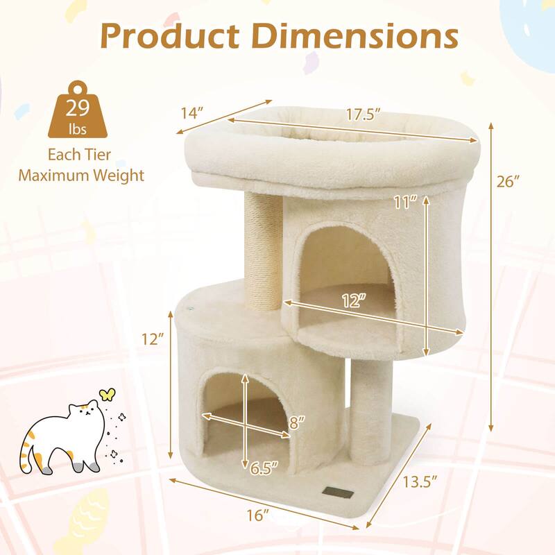 Costway 26” Small Cat Tree with Large Padded Plush Perch, 2 Condos, - See Details