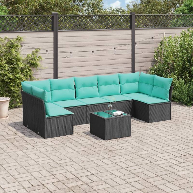 vidaXL 7/8 Piece Patio Sofa Set with Cushions Black/Brown/Gray Poly Rattan - 24.4 x 24.4 x 27.2 - Black and blue With table
