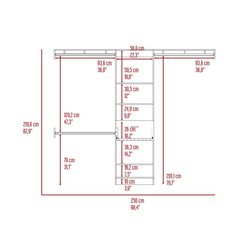 FM Furniture Cross Closet System with Drawer, 3 Metal Rods, and 5 Open Shelves