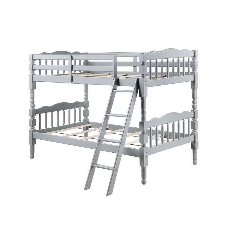 Gray Twin over Twin Size Solid Wood Bunk Bed with Ladder and Fence for Kids, Bedroom