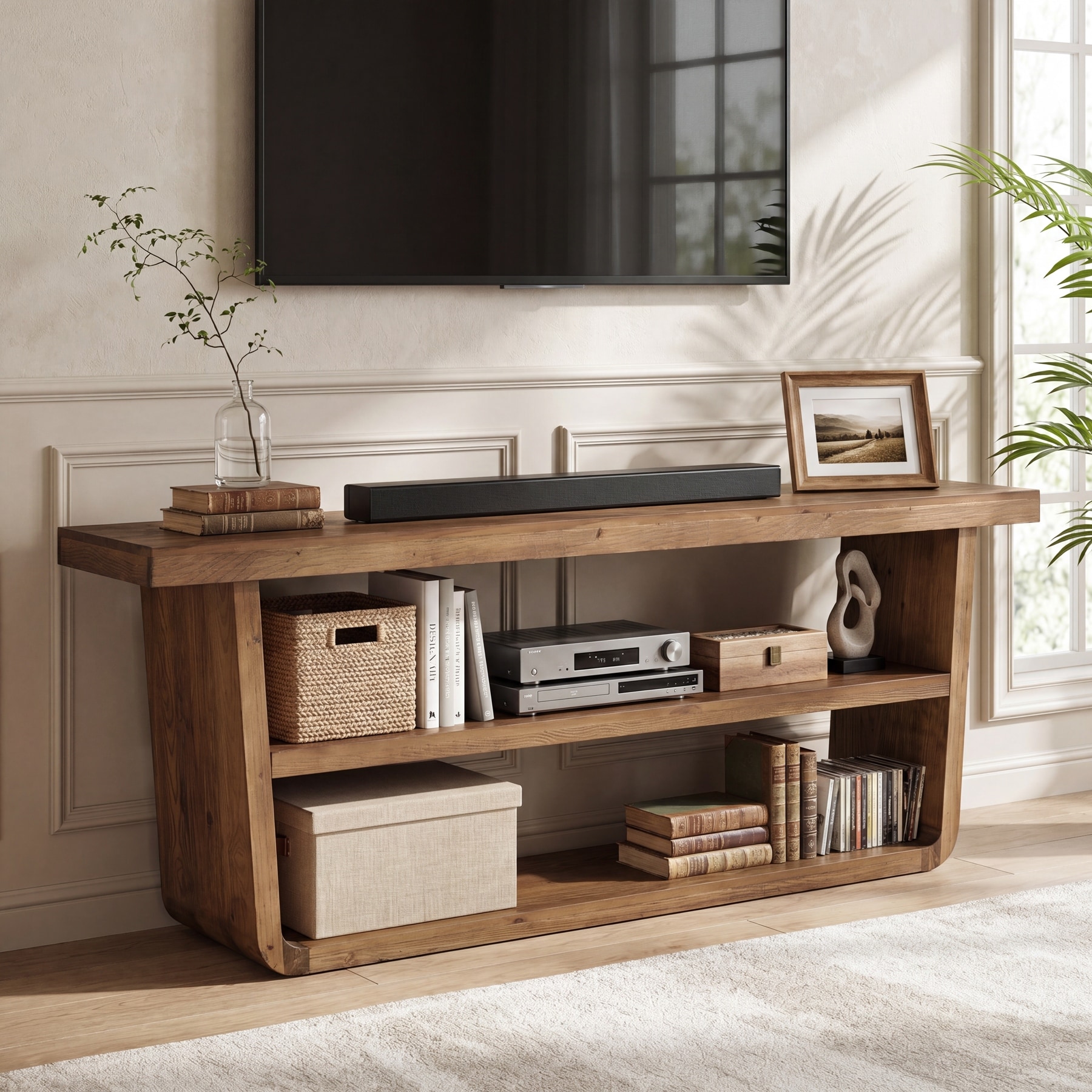 63" Solid Wood TV Stand, 3-Tier Entertainment Console with Open Storage