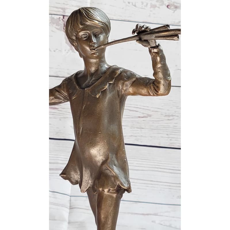 Young Boy Child Musician With Pan Flute Bronze Metal Figure Statue Sculpture On Marble Base
