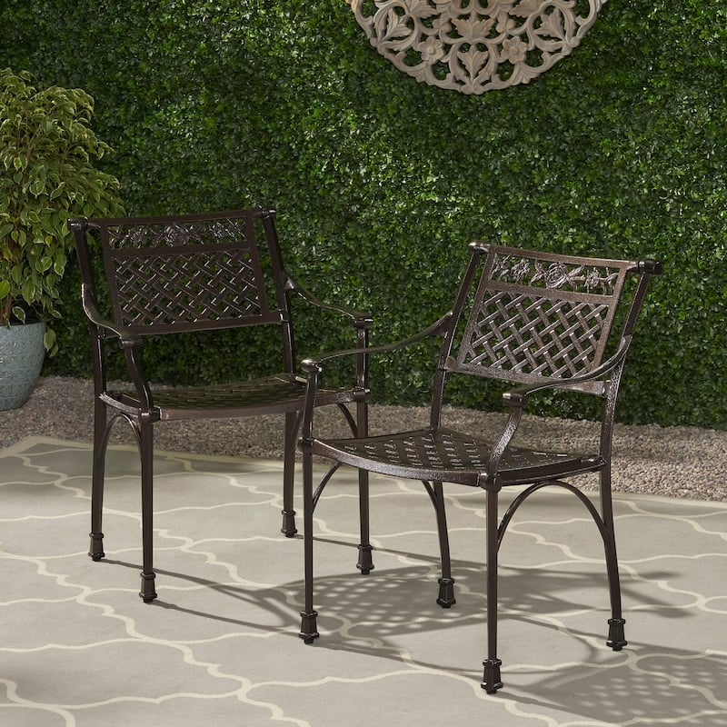 Roomfitters Cast Aluminum Outdoor Chair Set with Lattice Backrest and Classic Arm Design for Patio or Garden Seating, Bronze