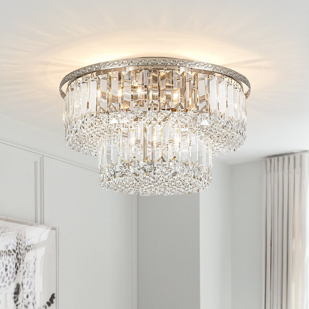 Contemporary Luxe Cascading 2-Tier Round Drum Crystal Ceiling Light