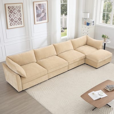 L-Shaped 4-Deep Seater Sectional Sofa Couch with 1 Movable Storage Ottoman & Pull out Drawers Under Each Seat