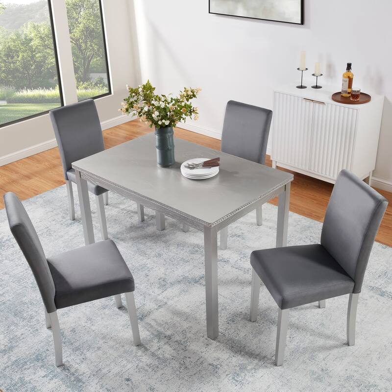 5-Piece Kitchen Dining Table Set for 4, Crystal Decoration Rectangular Kitchen Table with 4 Upholstered Chairs, for Small Space - Silver grey