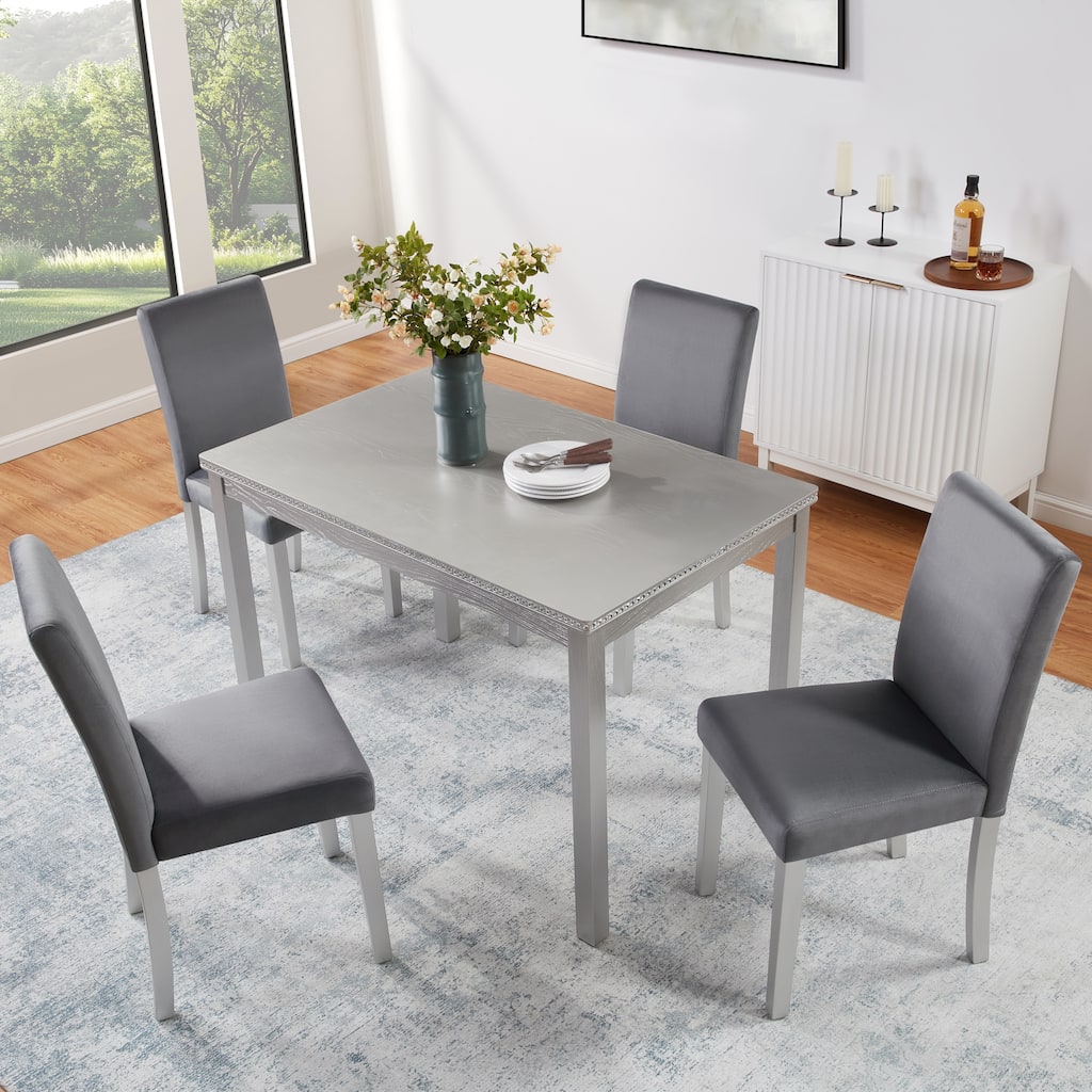 5 Piece Wooden Dining Table Set, Table Set with a Rectangular Table and 4 Upholstered Chairs, Table with Crystal Decoration