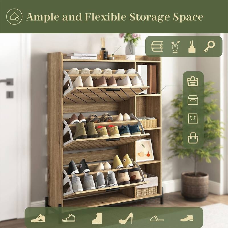 35.43" Shoe Organizer with Open Shelves with 3 Flip Drawers