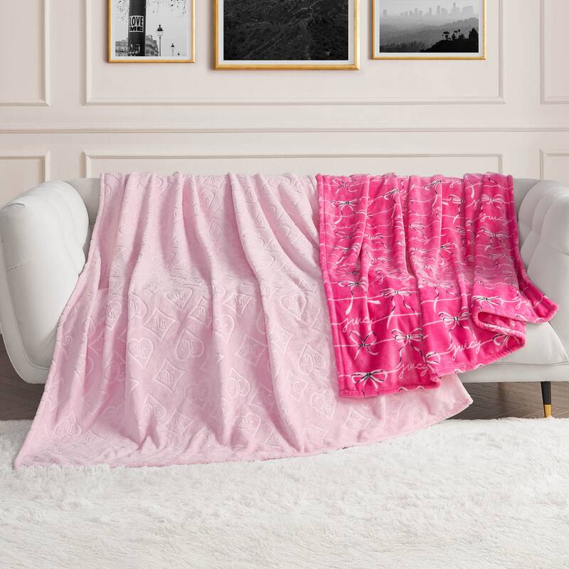 Juicy Couture Royal Embossed/Bow Plush 2-Piece Throw Blankets - Pink/Hot Pink - 60"x 90" / 50"x70"