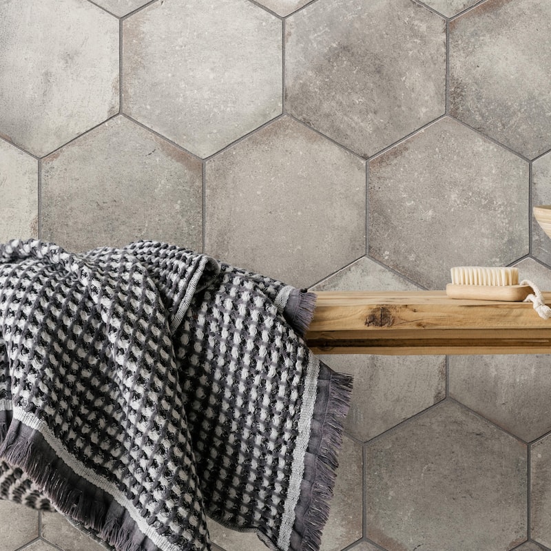 Merola Tile D'Anticatto Hex Grigio 11" x 12-3/4" Porcelain Floor and Wall Tile