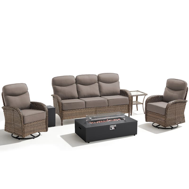 Meyreso 5-Piece Wicker Outdoor Patio Fire Pit Sofa Set with 6-Inch Thick Cushions