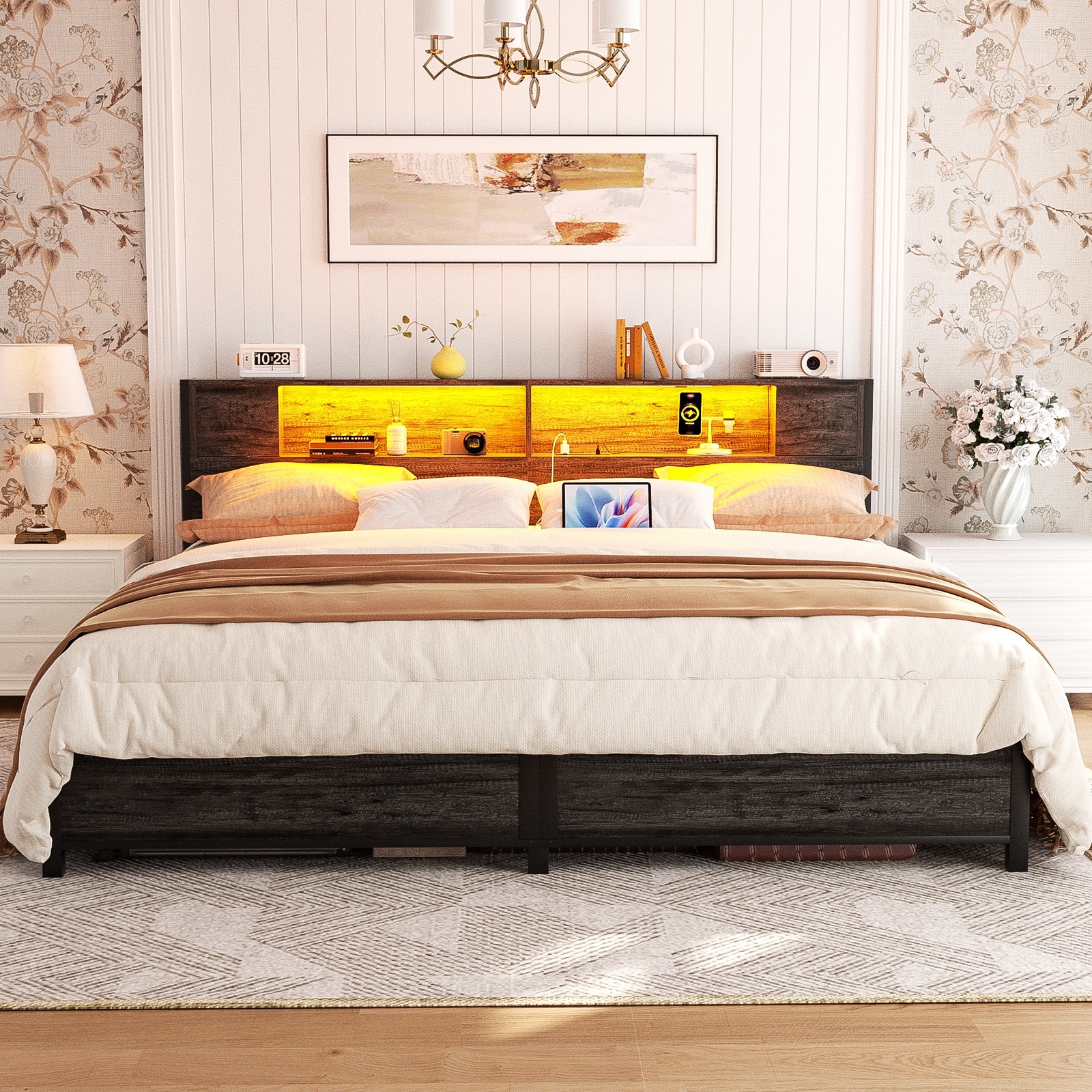 Storage Headboard Platform Bed Frame with Charge Station and LED Light