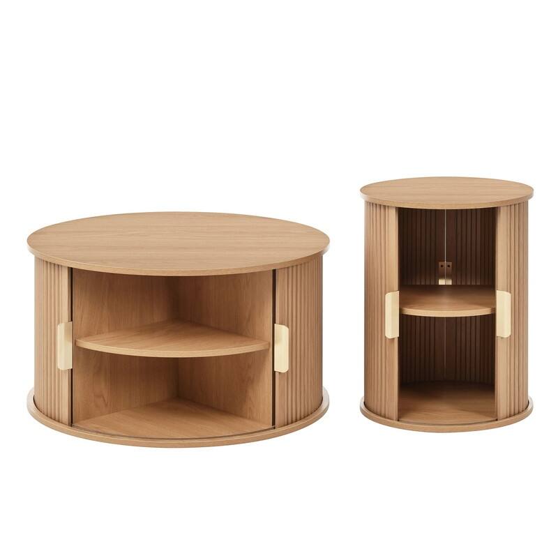 Mid Century Modern 74.8" TV Stand & Coffee Table Set for TVs up to 75", Wooden Media Console with Fluted Sliding Doors