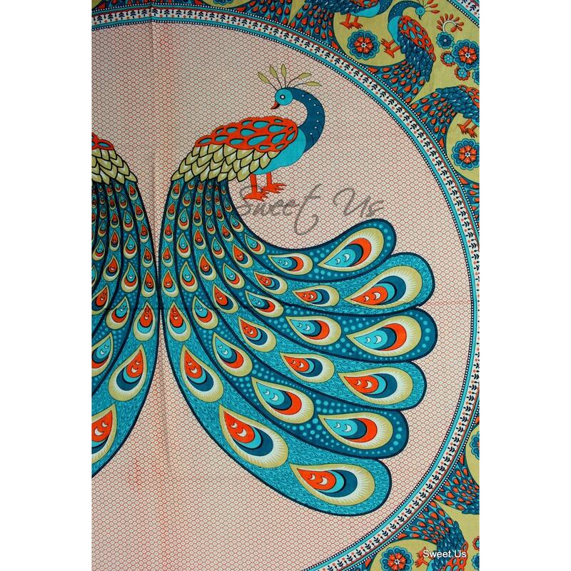 Cotton Floral Twin Peacock Tablecloth Indian BlockPrint Rectangle