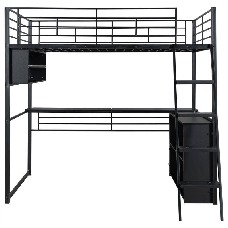 Metal Gaming Loft Bed with LED Light and Bulit-in Desk, Twin/Full Size Loft Bedframe with 4 Storage Shelves and Steps