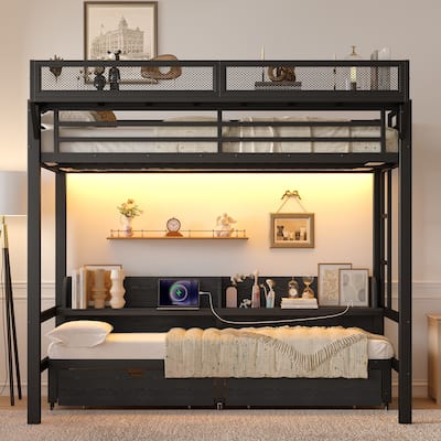 Multifunctional Metal Bunk Beds with USB Ports,Drawers,Shelves and LED Lights