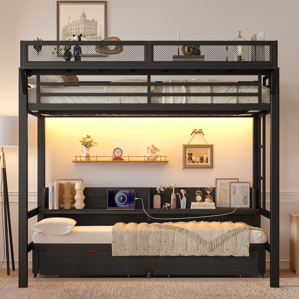 Multifunctional Twin XL over Twin XL Bunk Bed with USB Ports, LED Lights, Shelves and Drawers, Lower Bed Converted into Sofa