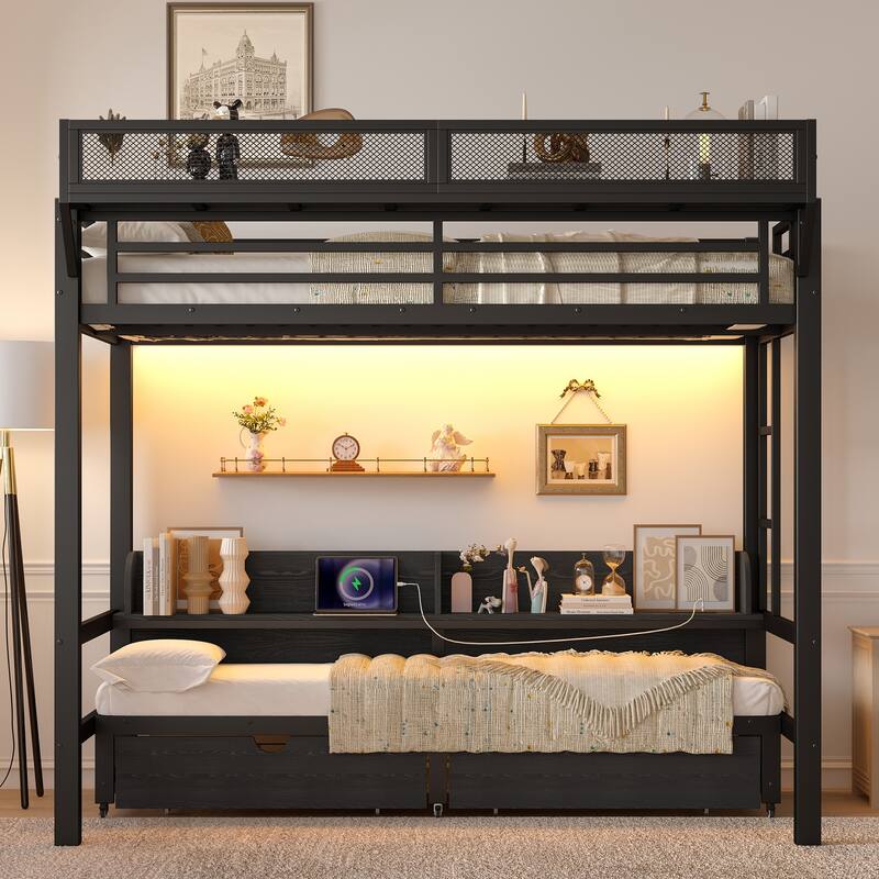 Twin XL over Twin XL Bunk Bed with Storage & Drawers, USB Ports & LED Lights, Convertible Sofa Lower Bed
