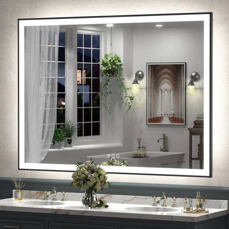 Front & Back LED Anti-Fog Tempered Glass Framed Bathroom/Vanity Mirror 3-Year Warranty - 55" x 40"-Square Corner - Black