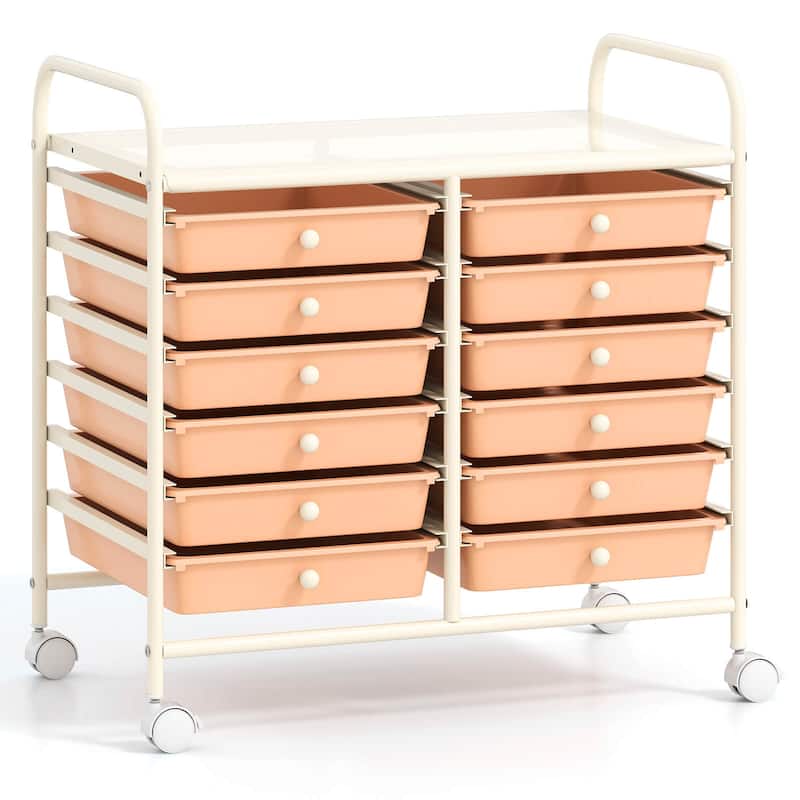 Costway 12 Drawers Rolling Cart Storage Scrapbook Paper Studio - See Details - Light Pink