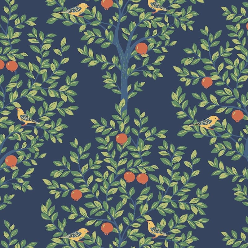 NextWall Fruit Tree Peel and Stick Wallpaper - 20.9 in. W x 18 ft. L - Navy Blue & Greenery