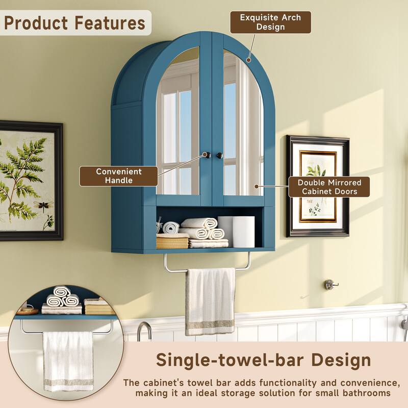 Wall Mounted Arched Cabinet with Mirrored Doors and Adjustable Shelves for Laundry Room, Bathroom, Kitchen