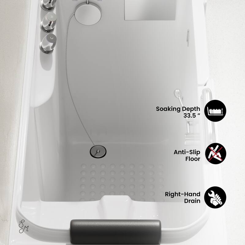 Auvergne 53" X 27" Ada Right Drain Walk-In Soaking Bathtub In White with Faucet Set, Drain, Grab Bars, Pillow - 53