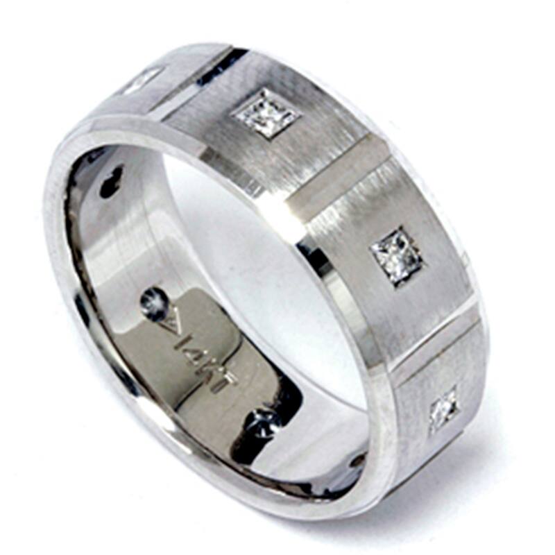 Mens Princess Cut Diamond Wedding Ring Comfort Fit Brushed Bevel White Gold