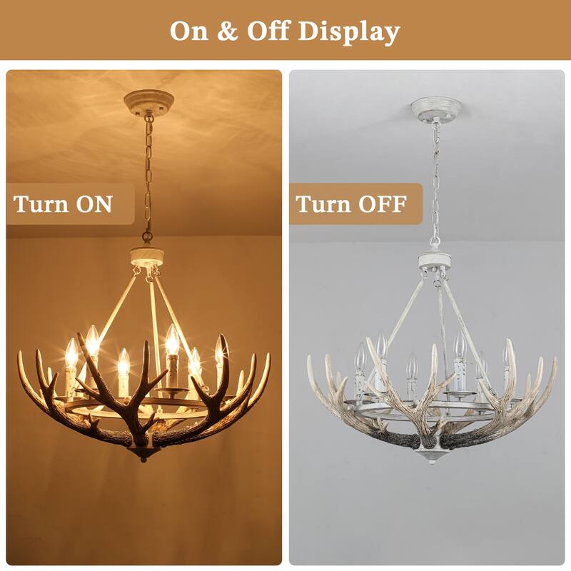 Adjustable Height 6 Lights Farmhouse Metal Frame Wagon Wheel Chandelier with Decorative Faux Antlers