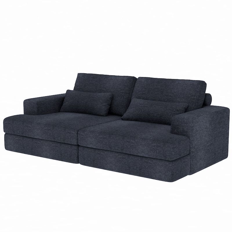 HomeRoots 93" Blue Chenille Modular Stainless Steel Sleeper Sofa With Toss Pillows
