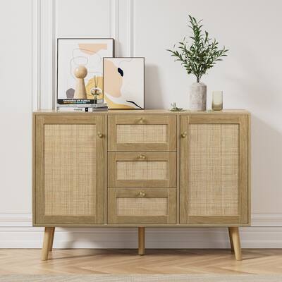 Anmytek Buffet Sideboard 3-Drawer Chest of Drawers with 2 Door Mid-Century Modern Rattan Cabinet Console Table
