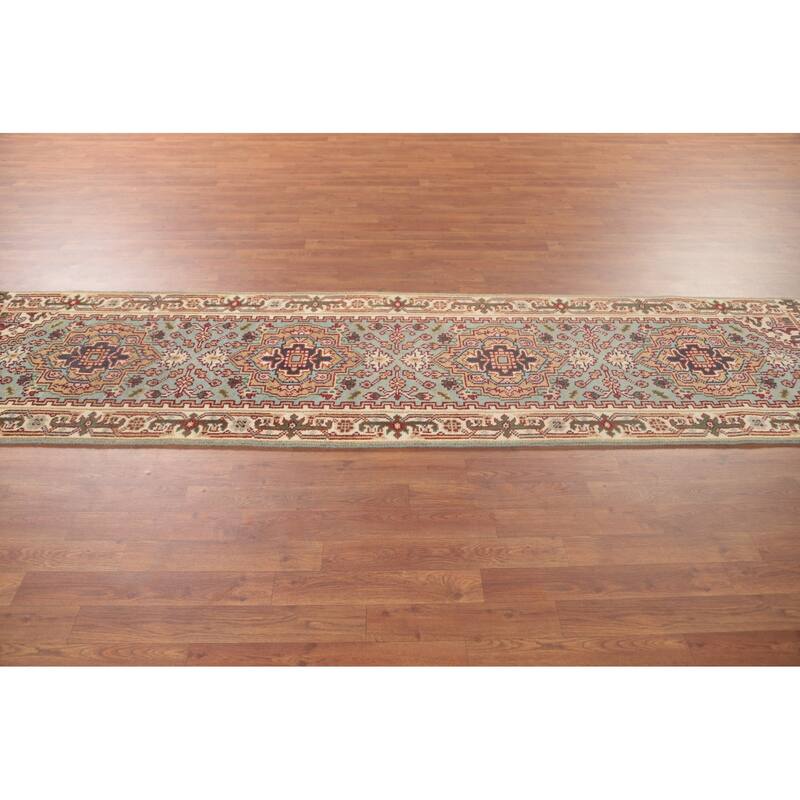 Geometric Heriz Serapi Runner Rug Handmade Blue Wool Carpet - 2'6"x 9'9"