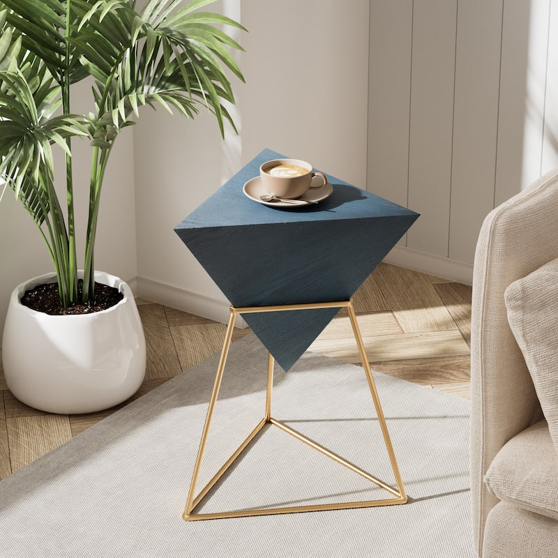 COZAYH Modern Geometric End Table with Wooden Top and Metal Base, Unique Pyramid Side Table Plant Stand for Office, Triangle - Dark Blue