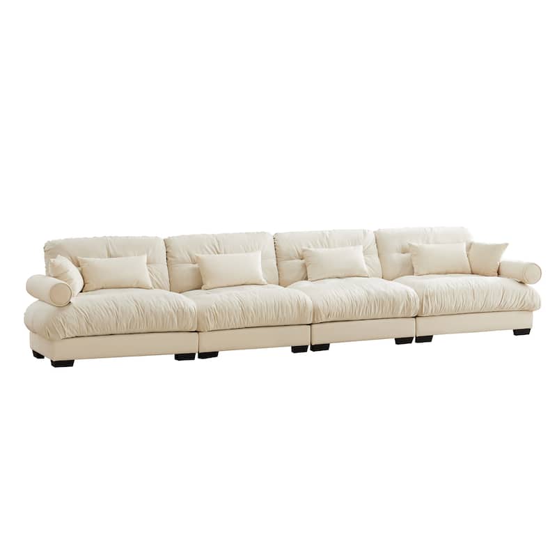 166" Velvet 4-Seater Sofa with Bolster Armrests, High-Resilience Sponge Cushions
