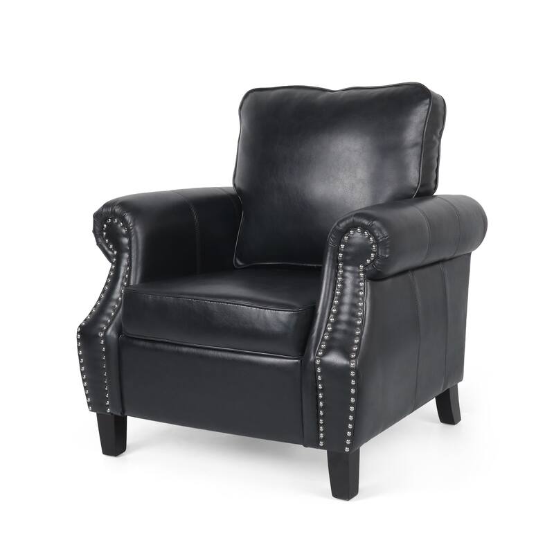 Roomfitters Faux Leather Club Chair with Rolled Arms, Nailhead Trim and Cushioned Seat, Classic Accent Armchair, Black
