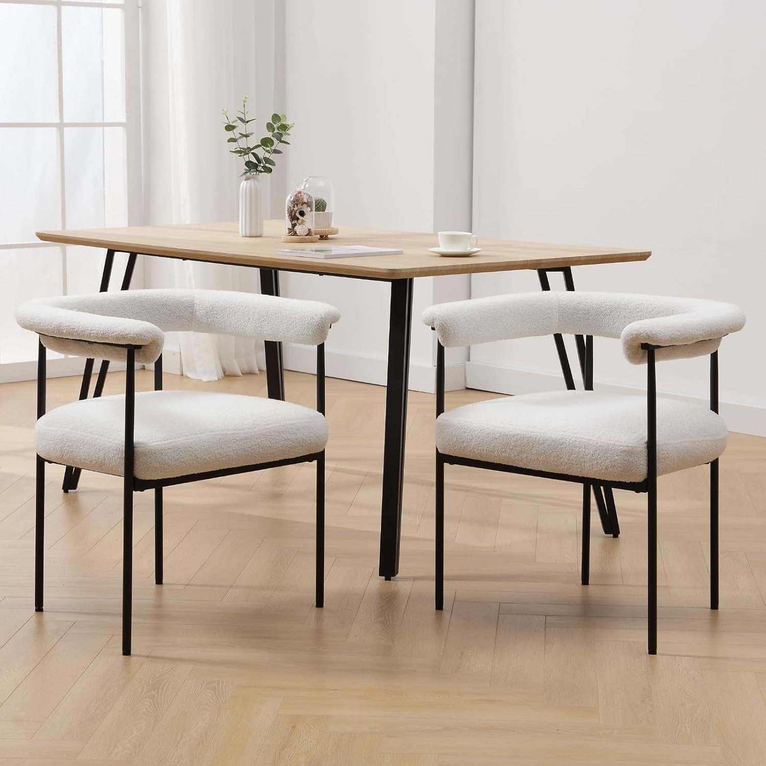 Set of 2 Modern Upholstered Sherpa Dining Chairs with Barrel Backrest and Black Metal Frame