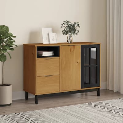 vidaXL Sideboard with Glass Door FLAM 43.3"x15.7"x31.5" Solid Wood Pine - 43.3" x 15.7" x 31.5"