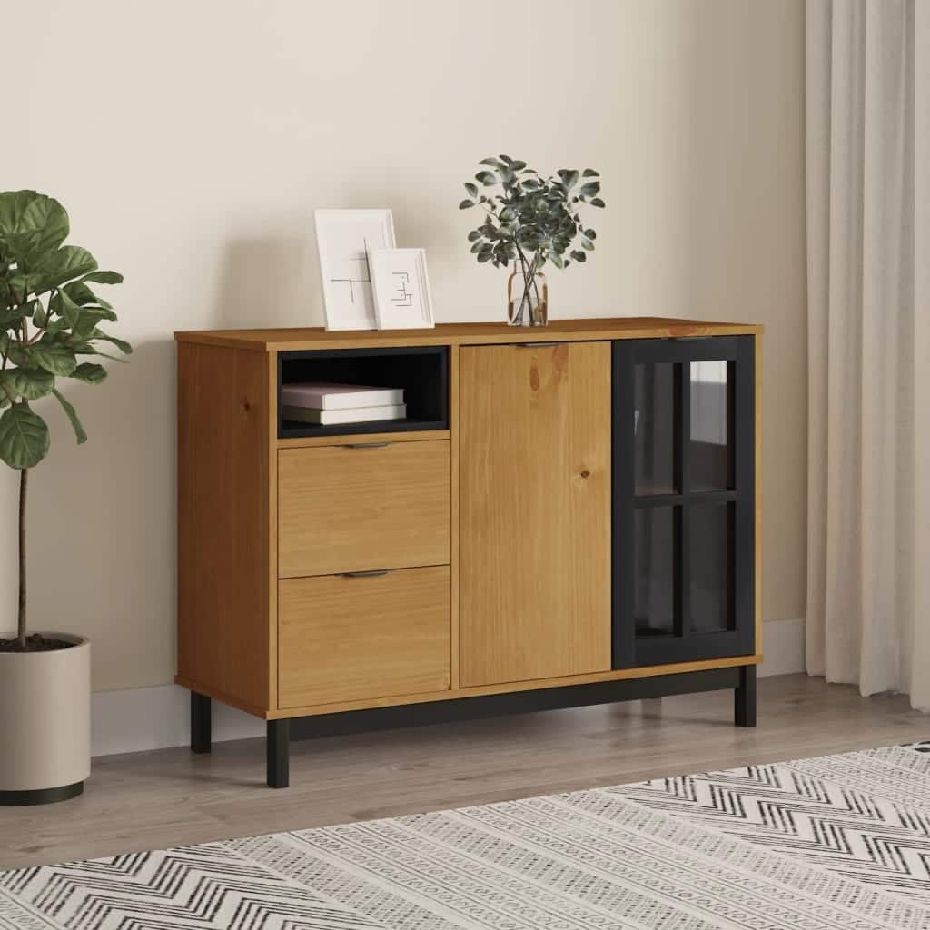 vidaXL Sideboard with Glass Door FLAM 43.3"x15.7"x31.5" Solid Wood Pine - 43.3" x 15.7" x 31.5"
