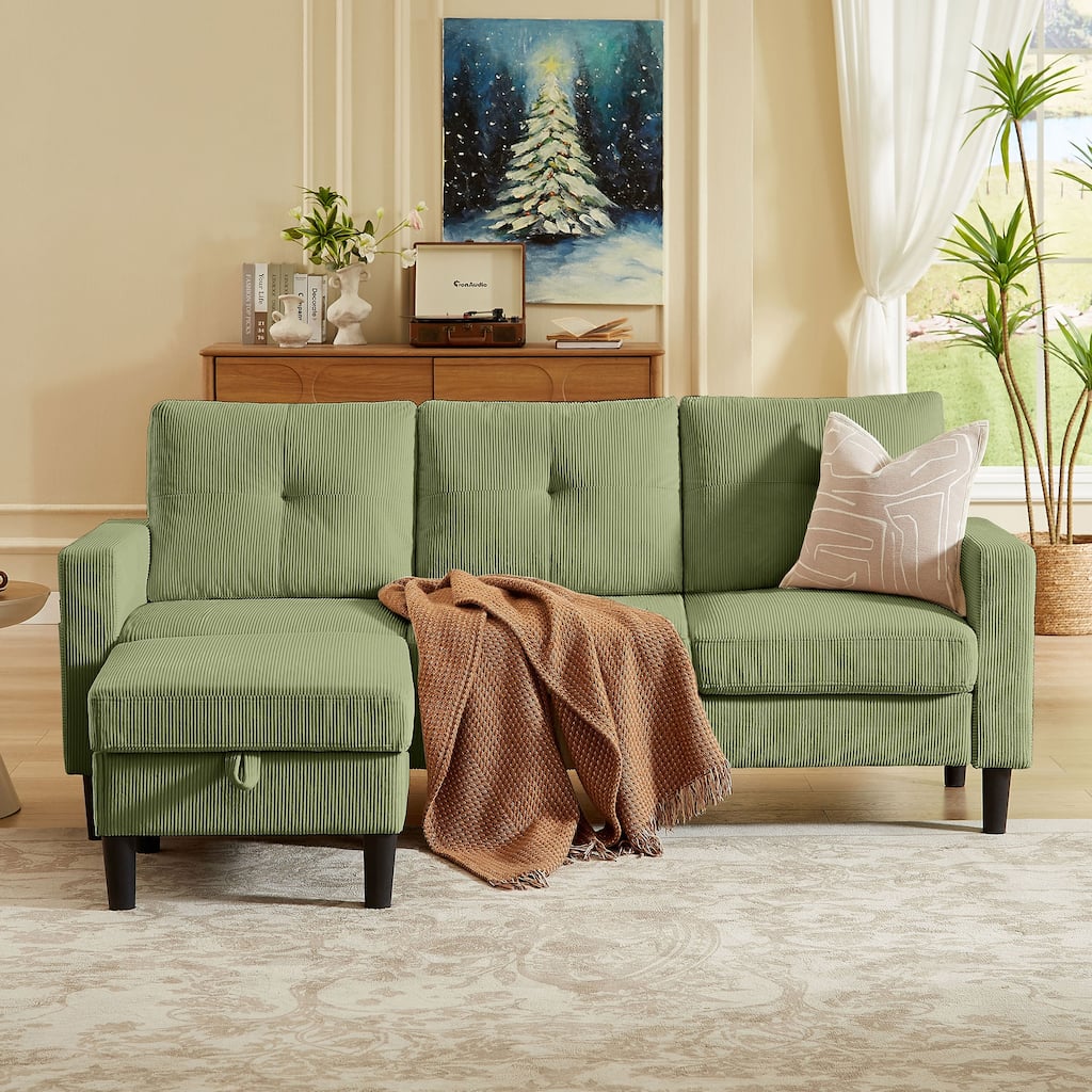79.14" Corduroy Sectional Sofa with Storage Ottoman and Side Storage Pocket
