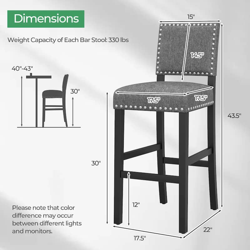 Set of 2 Counter Height Bar Stools with Footrest and Rubber Wood Frame Comfortable Seating